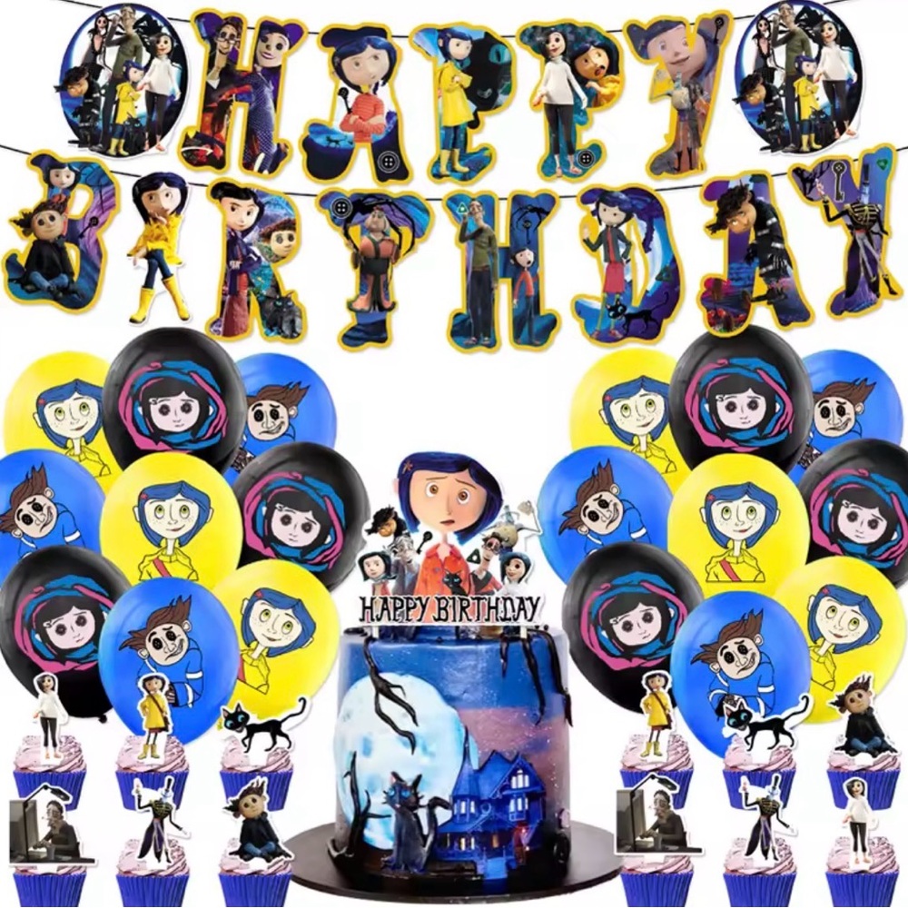Coraline Birthday Party Supplies Set 32 pc Banner Cupcake Toppers Cake Balloons